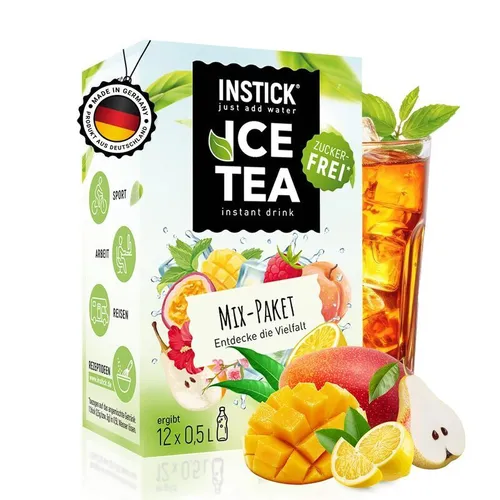 INSTICK Eistee Getränkepulver – Eistee Mix-Paket mit 12 Sticks (verschiedene Sorten) – Zuckerfreies Erfrischungsgetränk mit Vitamin C – Für bis zu 12L Wasser mit Geschmack
