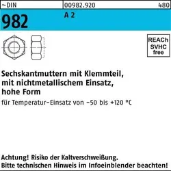 Hohe 6kt.-Mutter DIN 982 Edelstahl A2 M20 - Edelstahl Sechskantmutter mit nichtmetallischem Klemmteil, ideal für Anwendungen mit Temperaturbereich von -50°C bis 120°C. Perfekt für sichere und langlebige Verbindungen in Elektroinstallationen.