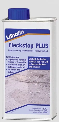 Lithofin Fleckstop Plus 1 L - Effektiver Naturstein-Reiniger - Steinreiniger für Innen- und Außenbereich, schützt Naturstein vor Flecken und Verunreinigungen, ideal für dauerhafte Pflege.