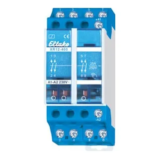 Eltako XR12-400-230V AC INSTALLATIONSSCHUETZ - 4-poliger 25A Schütz für DIN-EN 60715 Montage, ideal für präzise Steuerung in Elektroinstallationen mit 100% Einschaltdauer und brummfreier Funktion.