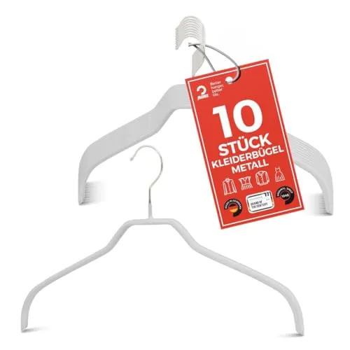 MAWA Kleiderbügel, Set mit 10 platzsparenden und rutschfesten Bügeln, ideal für Hemden und Blusen, mit 360°drehbarem Haken, Antirutschbeschichtung, 41 cm, Weiß
