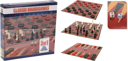 Koopman Spiel Familienspiel Brettspiel 3 IN 1 Schach Dame Backgammon Reisespiel, Brettspiel, 3in1, Karton Spielfeld, 30x30cm, Faltbar, Reisegröße