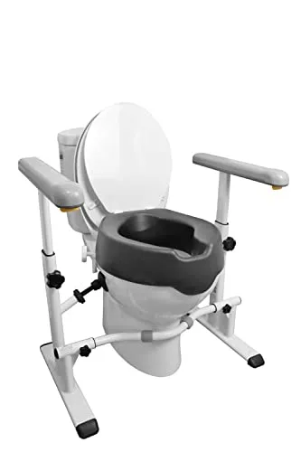 KMINA Aufstehhilfe Toilette höhenverstellbar, robustes WC Toilettengestell ohne Bohren, Haltegriffe für Senioren, Toilettensitzerhöhung mit Armlehnen, Set aus Gestell und Sitzerhöhung