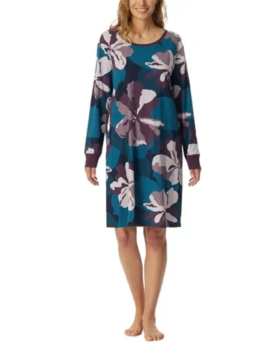 Schiesser Damen Langarm Nachthemd mit Knopfleiste - Nachthemden für Damen im 2er Pack, aus wärmender Interlock-Qualität mit floralem Muster und unifarbenen langen Armbünchen für zusätzlichen Komfort.