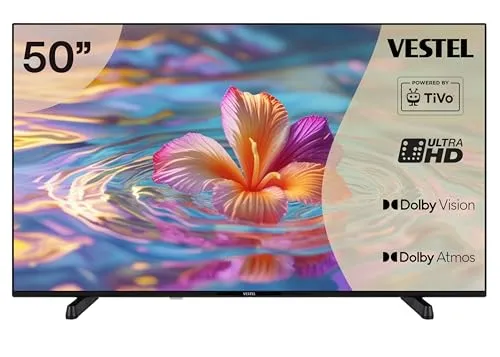 Vestel 50 Zoll Smart TV mit Dolby Vision HDR - 4K UHD Fernseher mit integriertem Triple-Tuner, Dolby Atmos für beeindruckenden Klang und grenzenloser Unterhaltung durch Smart TV Funktionen.