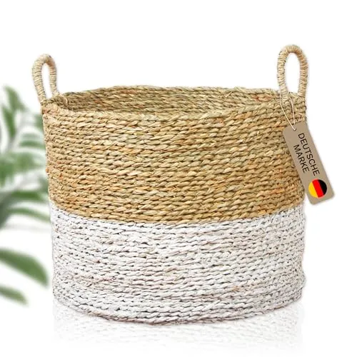 Lycce Wäschekorb mit Henkel | Korb geflochten aus Seegras | Wäschesammler, Aufbewahrungskorb für Spielzeug, Korb für Geschenke, Badezimmer Organizer | beige & weiß | Gr. 2 (Ø 40 x H 33 cm)