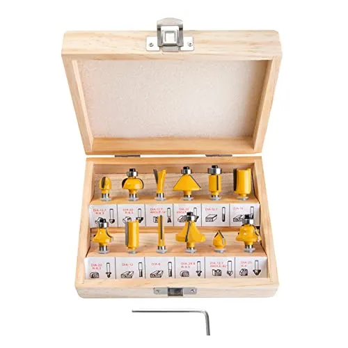 HPMAISON 12 Stück Fräser Set für Oberfräsen, Zylindrischer Schaft 6.35 mm, präzise Hartmetall Schneideplatten, Holzfräs Bits Fräser Set für Kantenfräse, Holzfräse, Holzbearbeitung