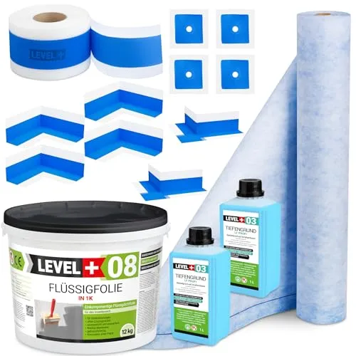 Dicht Set 12kg - Dichtfolie für Dusche und Badabdichtung - Dichtmaterialien: Schimmelresistentes, wasserdichtes Dichtset mit 20m Dichtband und 12kg Flüssigfolie, ideal für Badezimmer und Keller mit einfacher Anwendung.