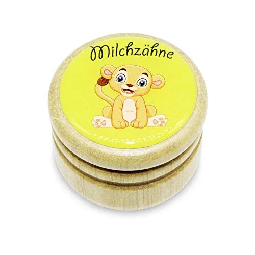 GICO Milchzahndose, Zahndose Milchzähne Bilderdose mit diversen Motiven aus Holz für Jungen und Mädchen mit Drehverschluss 44 mm (Löwe)