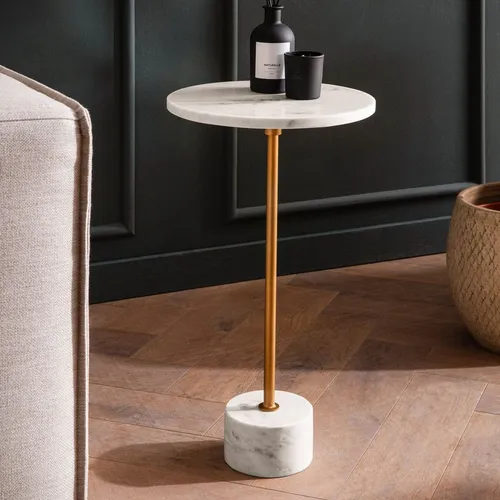 FINEBUY Beistelltisch FB107536 - Marmor & Metall, 30x30x55,5 cm - Ablagetisch aus echtem Marmor und Metall, rundes Design in Weiß und Gold, ideal für stilvolle Akzente im Wohnraum.