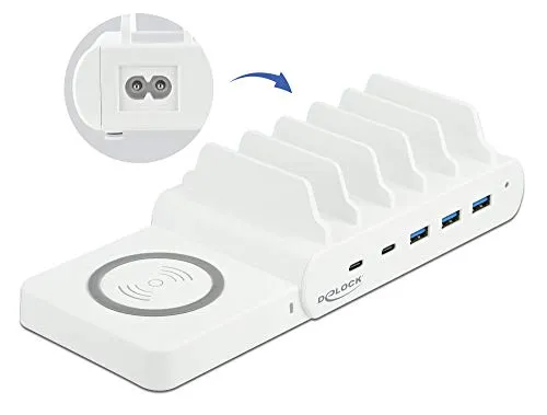 Delock USB und Wireless Charger - 110W Ladestation für mehrere Geräte - USB Kabel und Adapter - 5 Ausgabeanschlussstellen für gleichzeitiges Laden, ideal für Haushalte und Büros.