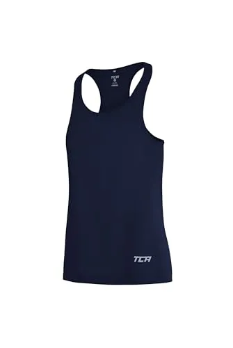 TCA Tank Top Damen - Sporttop Damen Top für Rennen Fitness Yoga - Trägertop mit 3 Rückentaschen - Fitness Tanktop Trainingsshirt mit Reflektoren - Dunkelblau, M