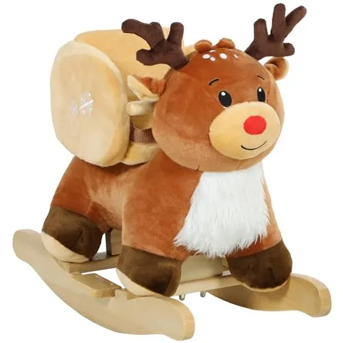 AIYAPLAY Kinder Schaukelpferd Baby Schaukeltier Rentier mit Schlafliedern, Sicherheitsgurt für 18-36 Monate Plüsch Braun 65 x 35 x 59 cm