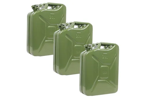 3x 20 Liter Metallkanister - Natogrün Diesel- und Benzinkanister - Hochwertige Benzinkanister aus robustem Metall mit 0,8 mm Stärke, korrosionsbeständig und ideal für Benzin, Diesel und Maschinenöl - sicherer Verschluss und vielseitig einsetzbar.