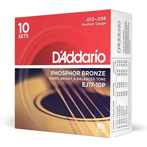 D'Addario EJ17-10P Phosphorbronze-Saiten für Akustikgitarren, Medium, 13-56, 10 Sets