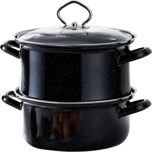 Riess Universaldämpfer mit Glasdeckel 3-teilig Ø22cm - Dampfkochtopf aus schwarzer Emaille, ideal für energiesparendes Dampfgaren von bis zu 2 kg Lebensmitteln. CO2-neutral hergestellt, für alle Herdarten geeignet und leicht zu reinigen.