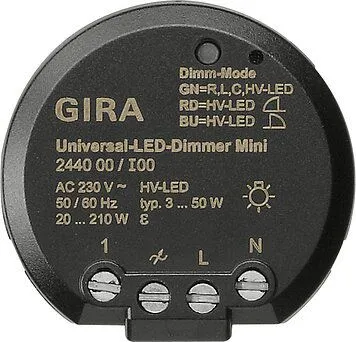 Gira 244000 Uni-LED-Dimmer Mini Elektronik - Smart Home Dimmer für vielseitige Anwendungen, mit automatischer Dimmprinzip-Anpassung und speicherbarer Einschalthelligkeit für optimale Lichtsteuerung.