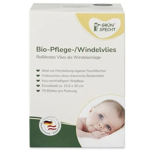 GRÜNSPECHT Bio-Pflege-/Windelvlies, Einlage für Stoffwindeln, 100% biologisch abbaubar, weich, reißfest & saugstark, Spendersystem für Wickeltisch, 70 Blätter (699-00)