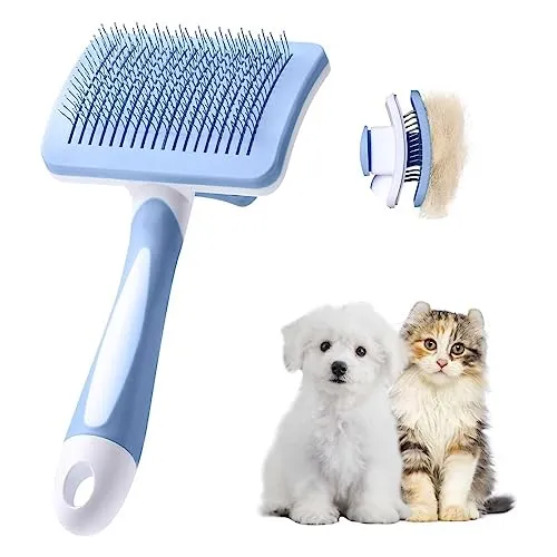Vinabo Selbstreinigende Katzenbürste & Hundebürste, Tierhaarbürste für Kurzhaar & Langhaar, Unterfellbürste gegen Unterwolle & leichte Verfilzungen, One-Click-Reinigung, Blau
