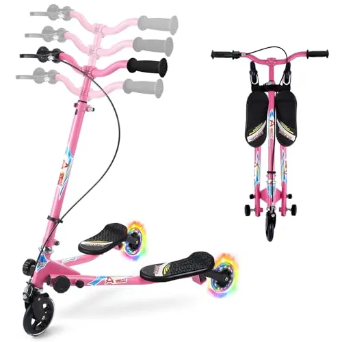 AOODIL Swing Scooter für Kinder, 3 Räder Faltbar Wiggle Kick Scooter Push Drifting mit 4 verstellbaren Lenker & 2 hintere LED Rad für Jungen und Mädchen im Alter von 3-8