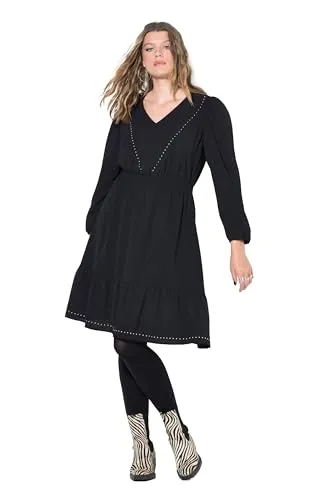 Studio Untold Damen große Größen Übergrößen Plus Size Kleid, A-Line, V-Ausschnitt mit Ziernieten schwarz 54+ 844758100-54+
