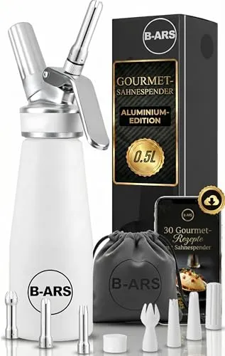 B-ARS Sahnespender 500 ml Weiß Küchensiphon aus Aluminium mit Edelstahl Düsen für Schlagsahne Espuma Mousse Desserts Cremes Soßen einfache Reinigung Zubehör für kreative Küche inkl Rezept Ebook