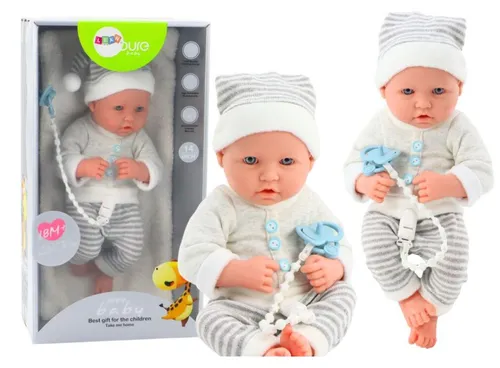 Leantoys Babypuppe in Weiß-Grau mit Mütze und Schnuller