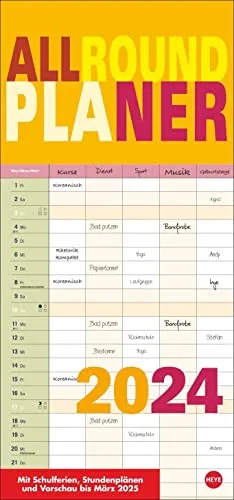 Allroundplaner bunt 2024. Praktischer Wandplaner mit 5 Spalten. Wandkalender mit Schulferien und 3-Monats-Ausblick. Termin-Kalender 2024. 21 x 45 cm.