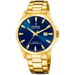 Festina ACERO CLASICO F20044/3 Herrenarmbanduhr - Elegante Goldfarbe mit Blauem Ziffernblatt - Herrenuhren mit Swiss Quarzwerk, 10 ATM wasserdicht und zeitlosem Design für stilvolle Anlässe und den Alltag.