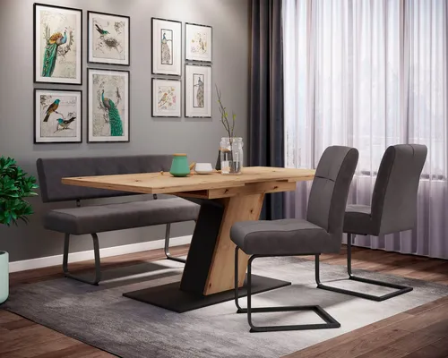 HELA Essgruppe Luise I G - 4-tlg. Set mit ausziehbarem Tisch - Essgruppen, stilvolle Kombination aus Artisan Eiche und Vintage Anthrazit, ideal für gesellige Abende, platzsparend durch ausziehbaren Tisch von 140 auf 180 cm.
