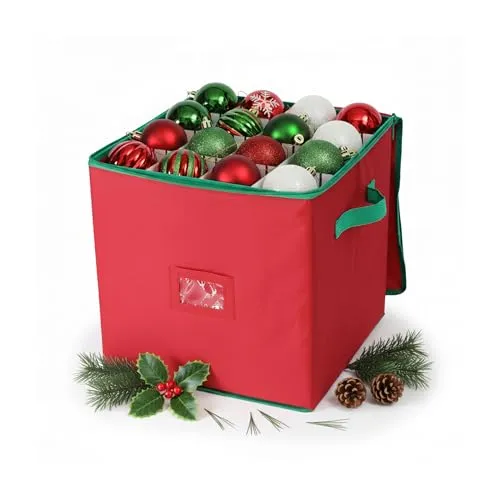 Relaxdays Weihnachtskugel Aufbewahrungsbox, 64 Kugeln, HxBxT: 33 x 33 x 33 cm, Polyester, Pappe, Kugelkiste, rot/grün