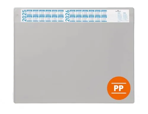Durable Schreibtischunterlage 650x480 mm mit Jahreskalender - Praktische Schreibtischunterlage in grau, ausgestattet mit einer transparenten Abdeckung und einem schmalen 4-Jahres-Kalender. Ideal für Büro und Home Office, sorgt für Ordnung und einen stilvollen Arbeitsplatz.