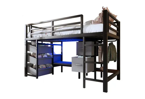 SOFTWEARY Hochbett mit LED-Beleuchtung und Stauraum (90x200 cm, mit Lattenrost, Schubladen, Leiter, Kleiderstange, Sitzbank) Kinderbett mit Rausfallschutz, Metallbett