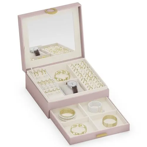 ADEL DREAM 2-stöckig Schmuckkästchen - Schmuckkästen mit ausziehbarem Tablett und großem Spiegel, ideal für die stilvolle Aufbewahrung von Halsketten, Ringen und Ohrringen. Hergestellt aus umweltfreundlichem Papier für nachhaltige Nutzung.