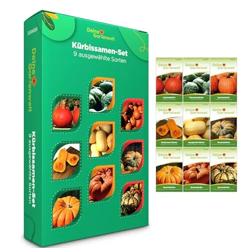 Kürbissamen Set - 9 Sorten Samen - Saatgut Sortiment - Anzuchtset für Kürbisse - Geschenkset - Hokkaido-Kürbis, Flaschenkürbis, Butternutkürbis, Spaghettikürbis, Muskatkürbis und mehr