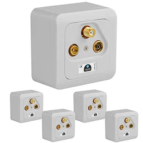 HB-DIGITAL 5X 3-Loch Antennen-Dose SAT Kabel Enddose VERGOLDETE ANSCHLÜSSE (SAT/TV/Radio) für Koaxial- & Antennenkabel Fernsehen Full HD Digital Analog Aufputz Unterputz