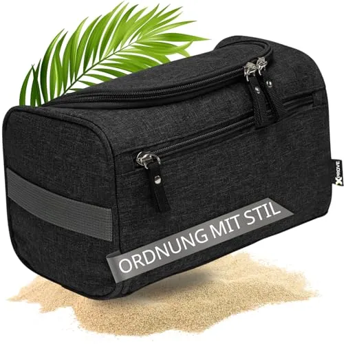 Kulturbeutel Herren Schwarz - Stilvoll, Praktisch, Robust - Wasserfeste Kulturtasche zum Aufhängen - Waschtasche Herren, Toiletttasche Mann (Dark Black Edition)