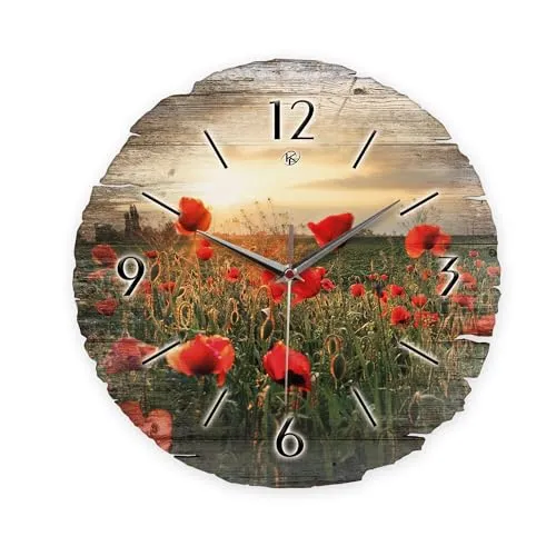 Kreative Feder Runde Wanduhr „Mohnblumen-Feld“ aus Naturholz mit flüsterleisem Uhrwerk; Durchmesser 30cm (Mohnblumen-Feld, leises Quarzuhrwerk)