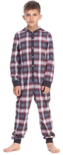 Timone Jugend Schlafanzug Strampelanzug TI122 - Dunkerot/Karierte, 110-116 - Schlafoveralls für Jungen, hergestellt in der EU aus hochwertiger, atmungsaktiver Baumwolle; ideal für gemütliche Nächte und entspannte Tage zu Hause.