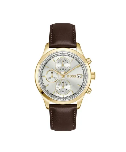 BOSS Herrenuhr Stratus mit Lederarmband, vergoldet 1514327 in braun von BOSS