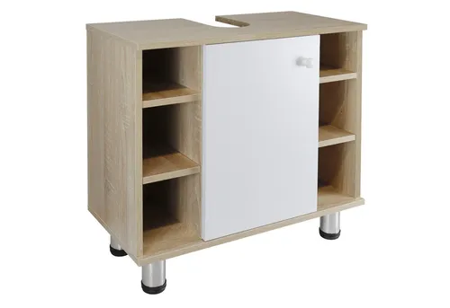 Waschbeckenunterschrank Berta Holz/Eichen Optik, eintürig mit Seitenfächern - Waschbeckenunterschrank aus MDF in Holz/Weiß, bietet zusätzlichen Stauraum, pflegeleicht und mit Vollmetallscharnieren, ideal für Ihr Badezimmer.
