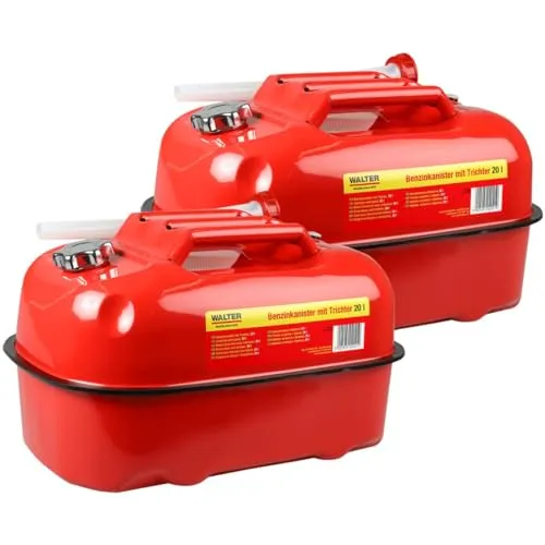 WALTER 2x 20 L Horizontaler Benzinkanister, 2-Set | mit Trichter, Bootskanister, Kraftstoff-Kanister, Benzintank, Container Store für Heizöl Benzin Diesel