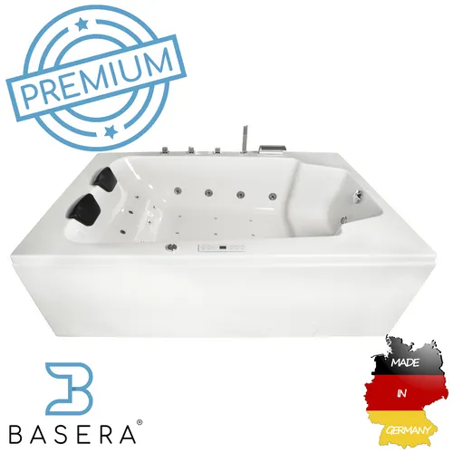 Basera® Premium Indoor Whirlpool Badewanne XXL Milos - Indoor-Whirlpool für 2 Personen mit 28 Massagedüsen, Heizung und Wasserfall – ideal für entspannende Wellnessmomente zu Hause.