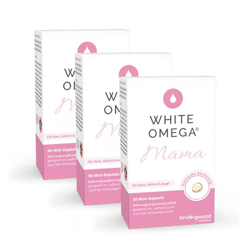 WHITE OMEGA® Mama - Omega-3 für Schwangere und Stillende - Optimale Omega-3-Fettsäuren für werdende Mütter: 293 mg DHA und 173 mg EPA pro Tag, speziell abgestimmt auf die Bedürfnisse in Schwangerschaft und Stillzeit.