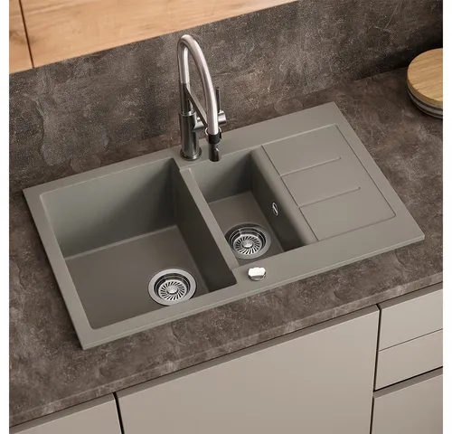 Bergstroem Granitspüle Seattle, Beton, 80 x 50 cm mit 2 Spülbecken & Trockenplatz, Rechteckig, 80/50 cm