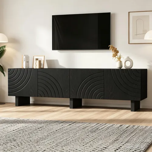 MODFU TV-Schrank Schwarz Hochglanz mit Struktur – Modernes Lowboard für 75-Zoll-Fernseher - Stylisches TV-Lowboard mit 4 Türen und markanter Struktur. Bietet großzügigen Stauraum für Mediengeräte und Dekoration. Robuste Bauweise und elegantes Design für jedes Wohnzimmer – ideal für Ordnung und Stil.