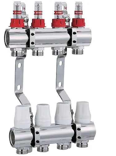 AQUA HEATING Heizkreisverteiler für Fußbodenheizung 4 Heizkreise 1 Zoll 10 Bar Bodenheizung-Verteiler Messing Vernickelt