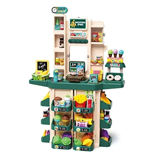 Coemo Supermarkt Florian Türkis - Kaufmannsladen mit Zubehör - Kaufläden & Zubehör für kreative Rollenspiele, fördert soziale Kompetenz und Fantasie, abwischbare Oberflächen und viel Stauraum, inkl. elektronischem Scanner und Kasse.