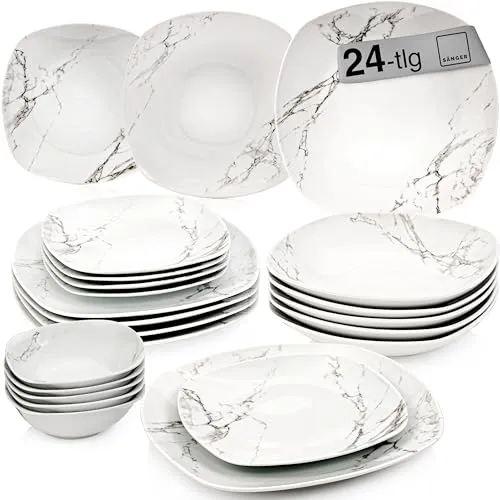 SÄNGER Tafelservice Bilgola Marmor - 24-teiliges Geschirrset für 6 Personen - Elegantes 24-teiliges Porzellan-Geschirrset im Marmor Design für 6 Personen, ideal für stilvolle Dinner und den täglichen Gebrauch. Modernes, eckiges Design mit abgerundeten Ecken für ein exquisites Geschmackserlebnis.
