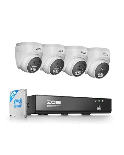 ZOSI 4K PoE Überwachungskamera Set Aussen, 4X 8MP IP Kameras, 2TB HDD NVR erweiterbar auf 16CH, Personen- und Fahrzeugerkennung, 2-Wege-Audio, 30M Nachtsicht, C220